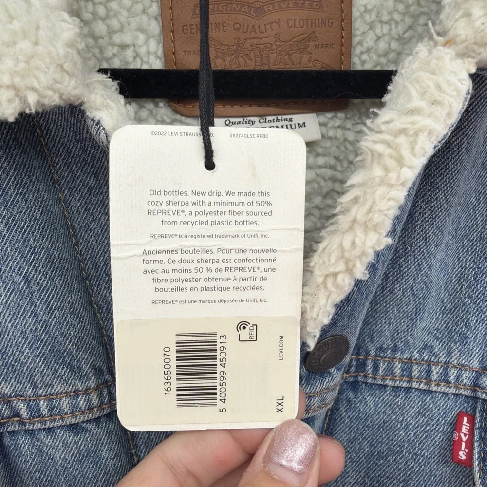 NWT Levis Sherpa Lined Trucker Jacket Mens 2XL Blue Denim Premium Light Wash XXL